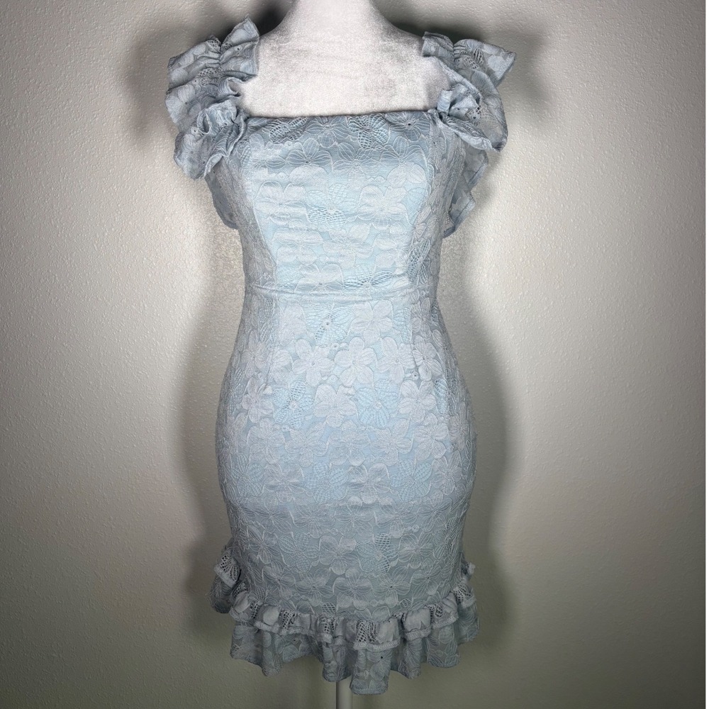 Blue Floral Lace Ruffle Sky Coquette Floral Mini Dress Small Here Comes The Sun